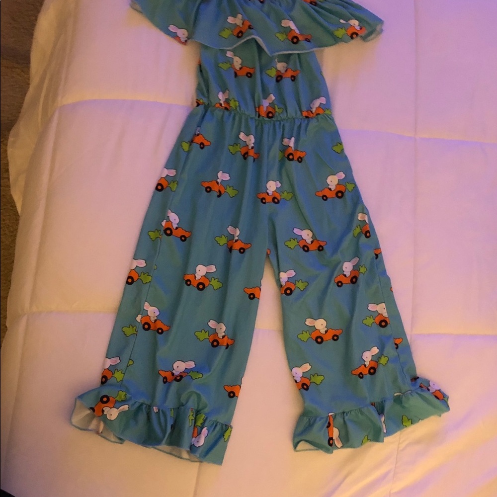 Girls Teal Ruffle-Hem Jumpsuit with Car Print